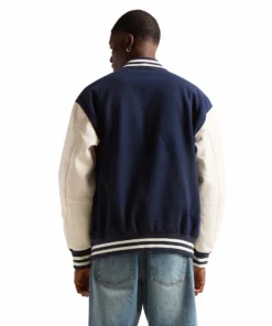 blue wool white leather varsity letterman jacket stussy back