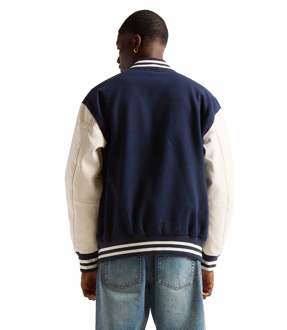 blue wool white leather varsity letterman jacket stussy back