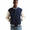 blue wool white leather varsity letterman jacket stussy front side