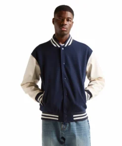 blue wool white leather varsity letterman jacket stussy front side