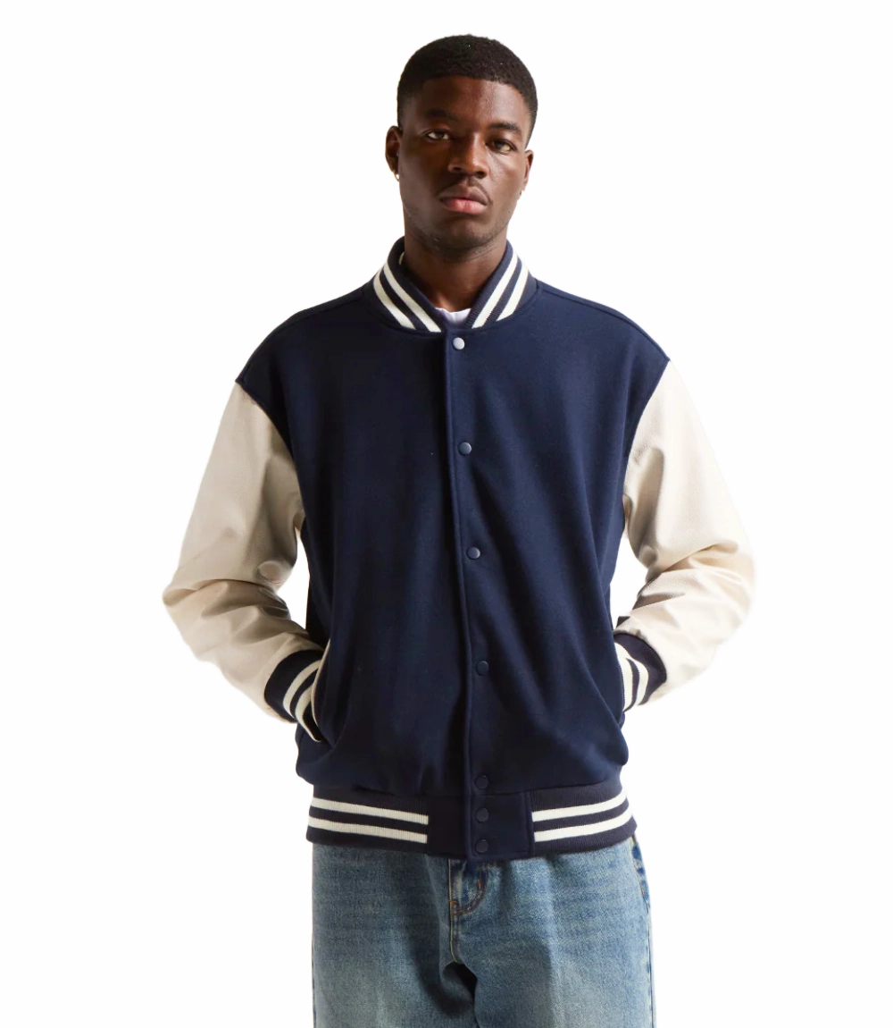 blue wool white leather varsity letterman jacket stussy front side