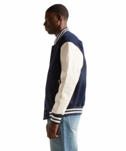 blue wool white leather varsity letterman jacket stussy left side