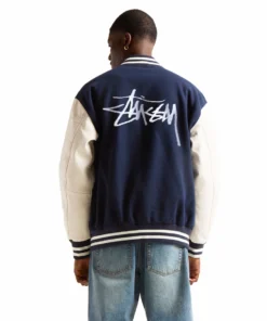 blue wool white leather varsity letterman jacket stussy logo back