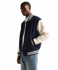 blue wool white leather varsity letterman jacket stussy side view