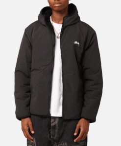 stussy 8 ball hooded black sherpa jacket reversible for men front side view