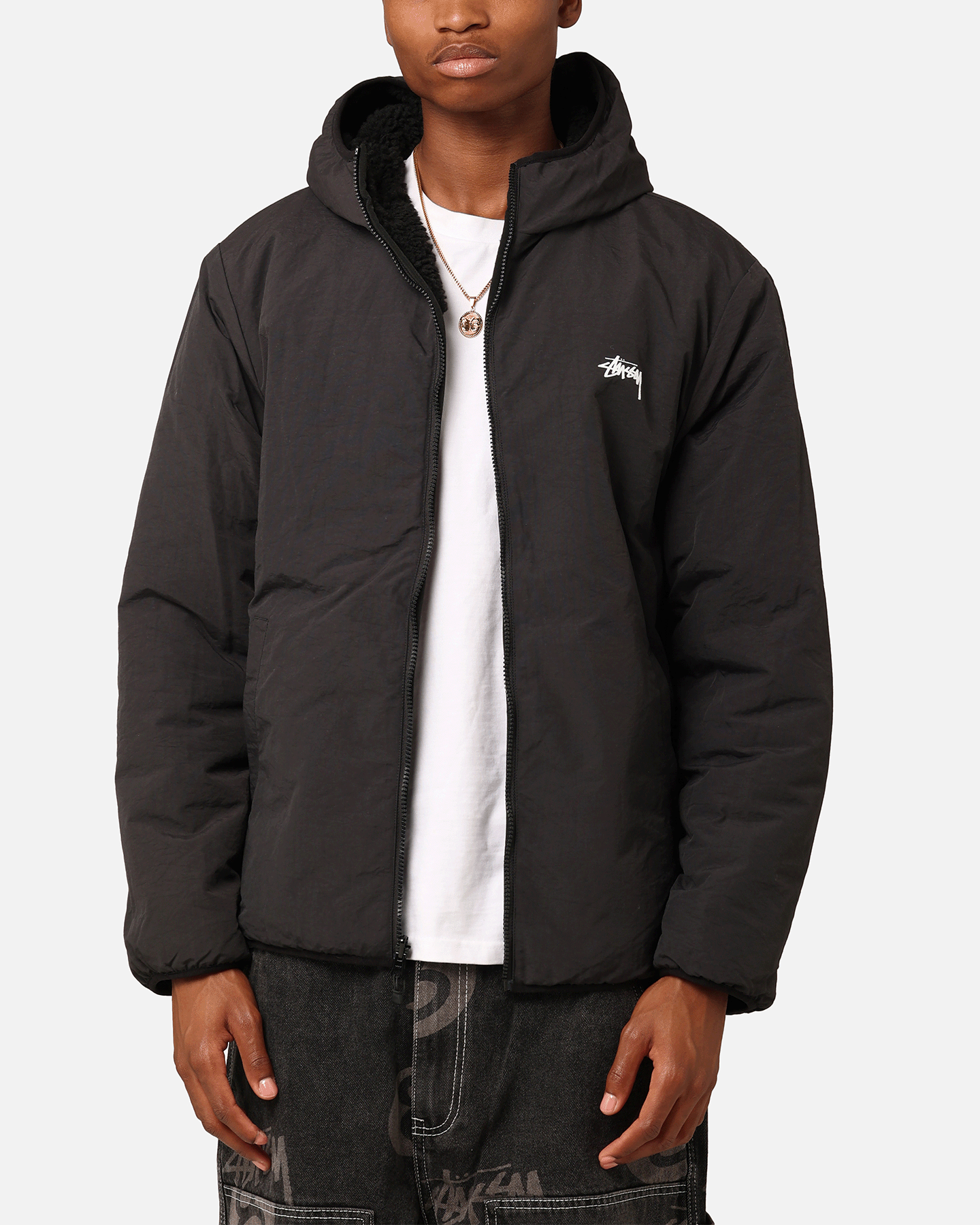 stussy 8 ball hooded black sherpa jacket reversible for men front side view