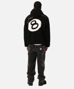 stussy 8 ball hooded black sherpa jacket reversible for men full back side view