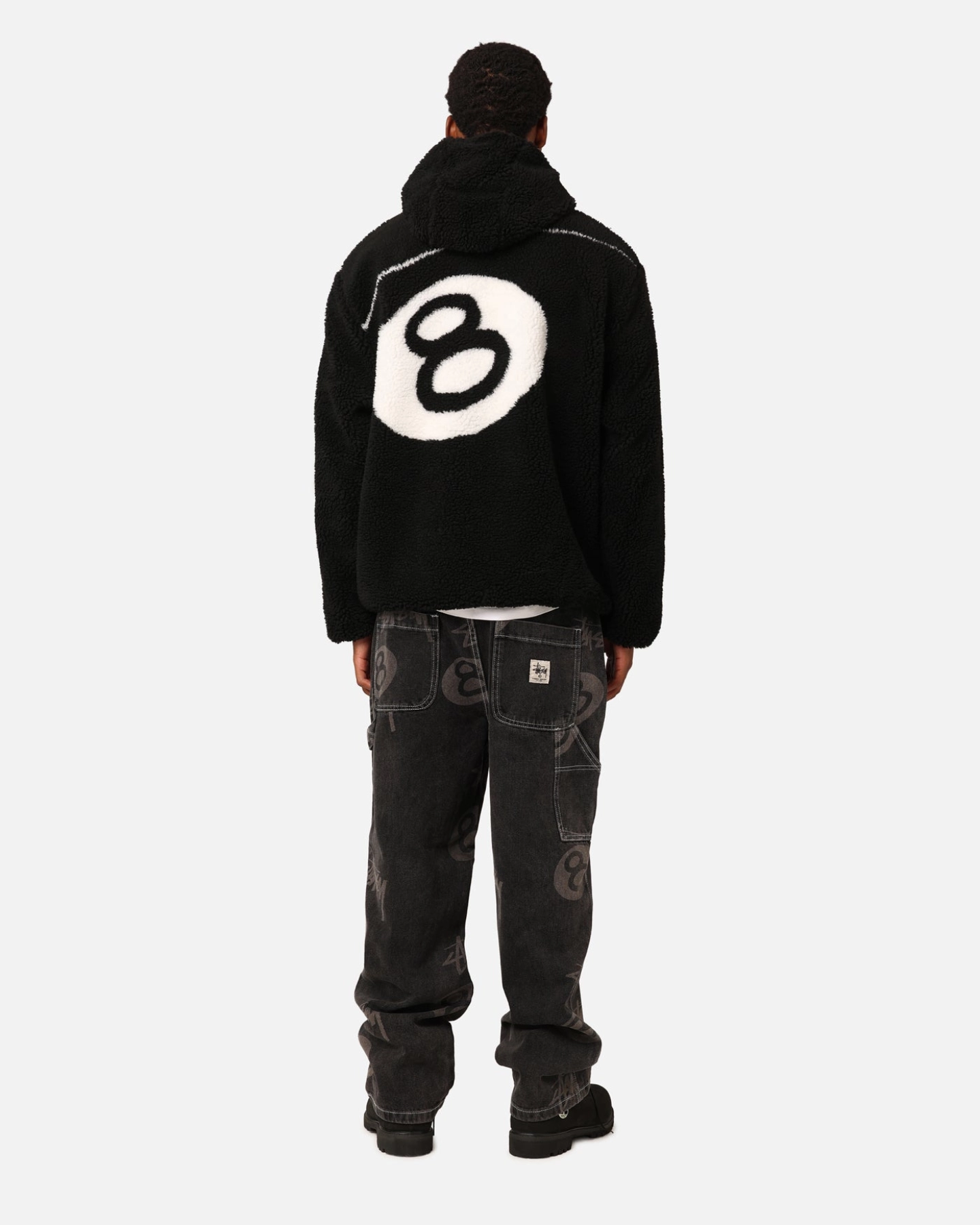 stussy 8 ball hooded black sherpa jacket reversible for men full back side view