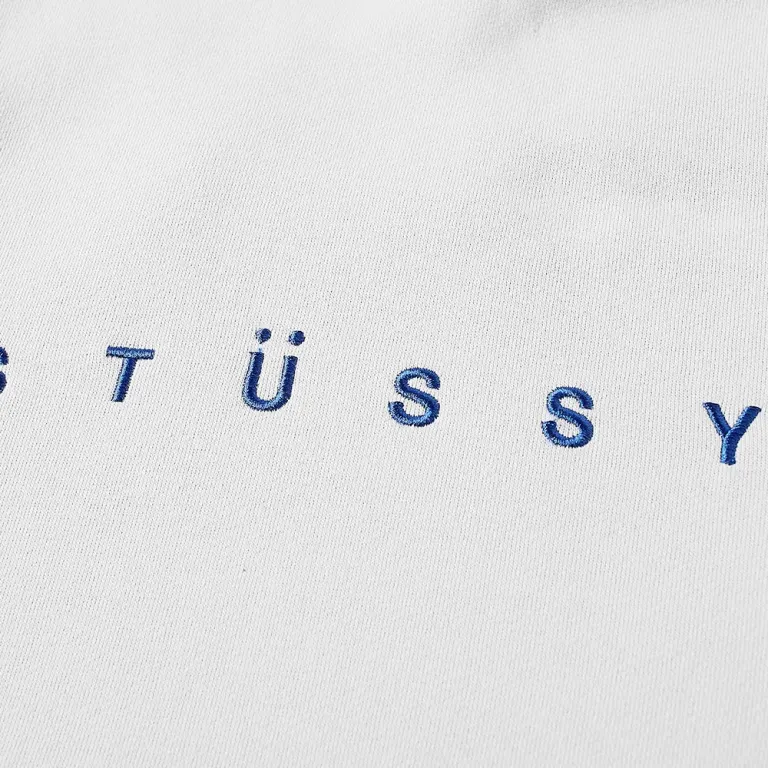 stussy helvetica spread applique hoody fog closeup logo