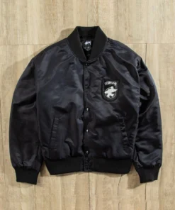 stussy surfman stadium jacket black nylon varsity bomber (2)