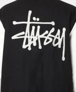 stussy world tour varsity jacket navy and white varsity jacket back closeup stussy logo view