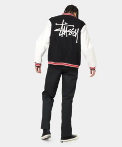 stussy world tour varsity jacket navy and white varsity jacket back full stussy logo view