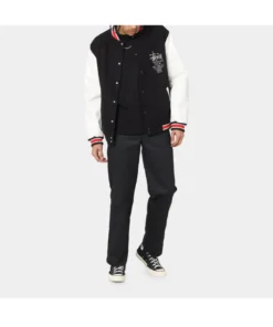 stussy world tour varsity jacket navy and white varsity jacket front full view