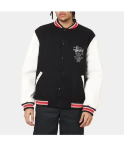 stussy world tour varsity jacket navy and white varsity jacket front view