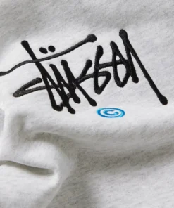 Stussy Logo Embroidered Grey Cotton Jersey Hoodie