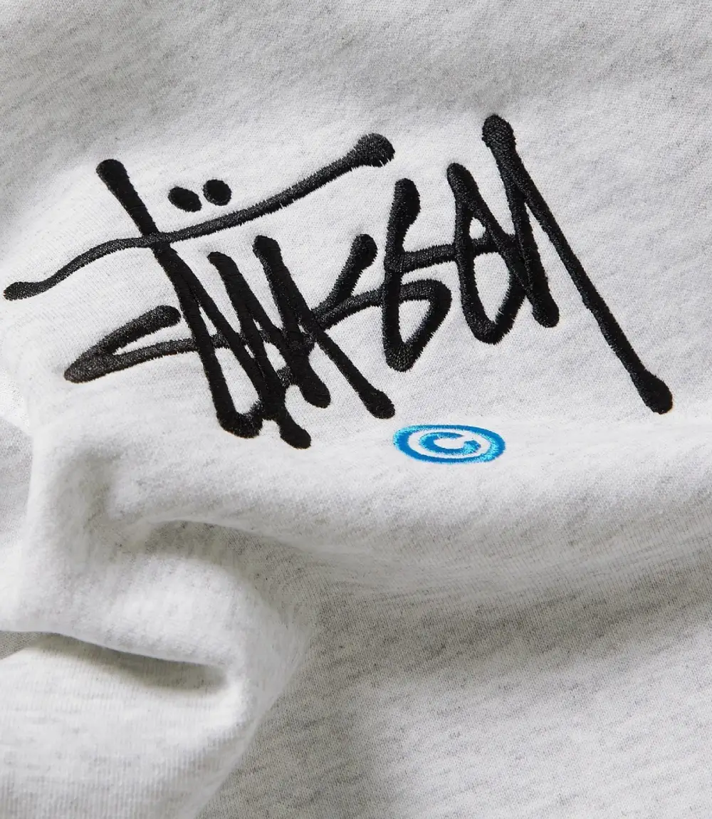 Stussy Logo Embroidered Grey Cotton Jersey Hoodie