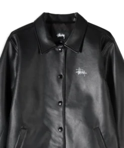 Stüssy PU Leather Finish Coach Black Jacket closeup