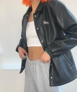 Stüssy PU Leather Finish Coach Black Jacket female open front side