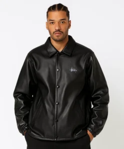 Stüssy PU Leather Finish Coach Black Jacket men front