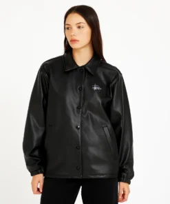 Stüssy PU Leather Finish Coach Black Jacket women front