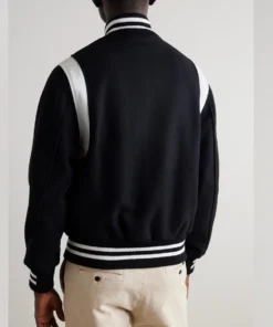 letterman style black and white varsity bomber jacket back side
