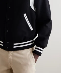 letterman style black and white varsity bomber jacket close up (1)
