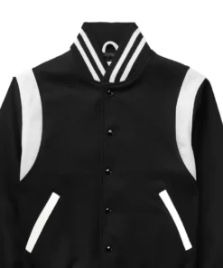 letterman style black and white varsity bomber jacket close up (2)