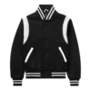 letterman style black and white varsity bomber jacket front