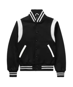letterman style black and white varsity bomber jacket front