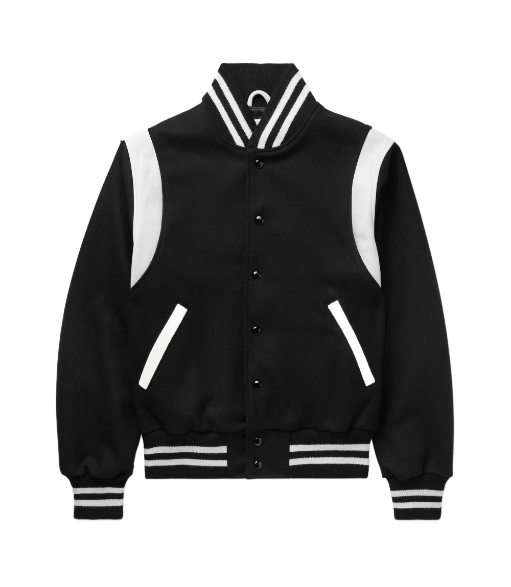 letterman style black and white varsity bomber jacket front