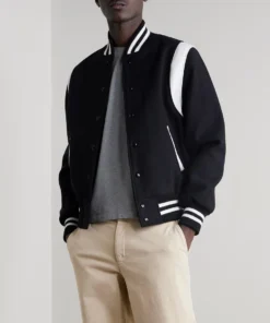letterman style black and white varsity bomber jacket full