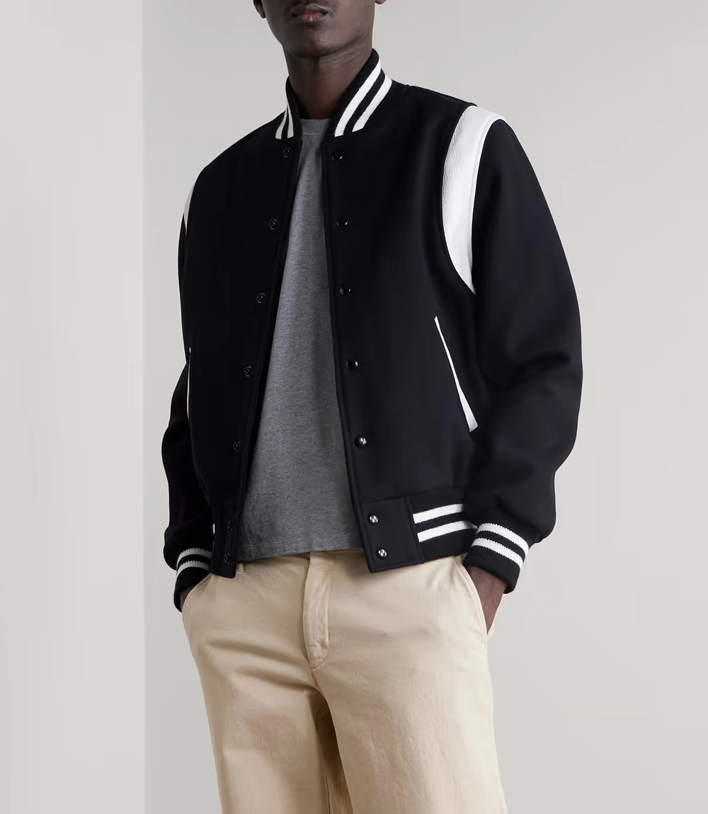 letterman style black and white varsity bomber jacket full