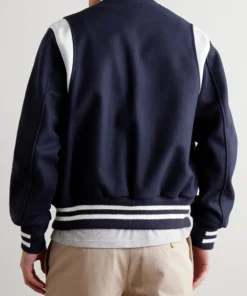 letterman style navy and white varsity bomber back