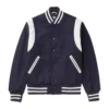 letterman style navy and white varsity bomber front