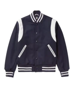 letterman style navy and white varsity bomber front
