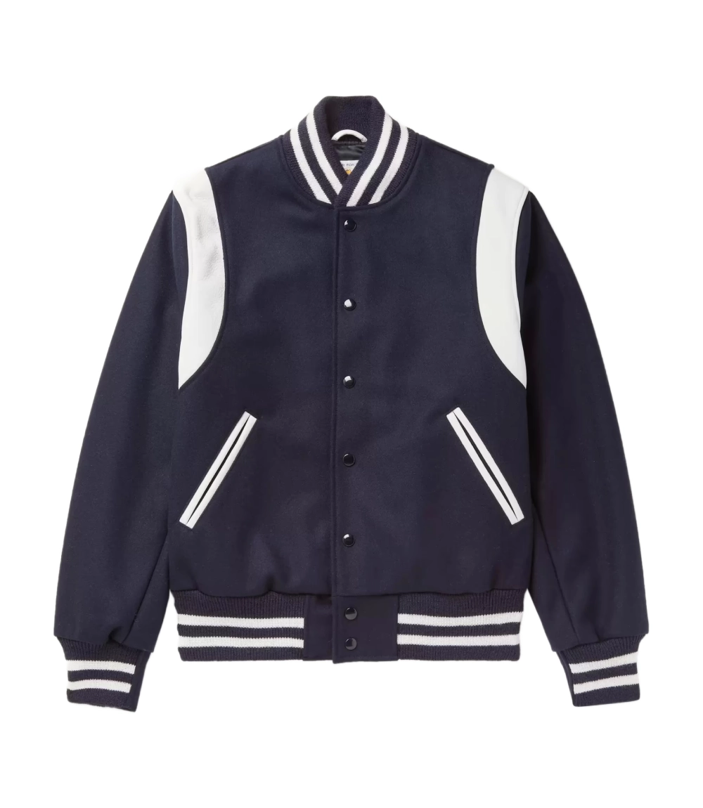 letterman style navy and white varsity bomber front