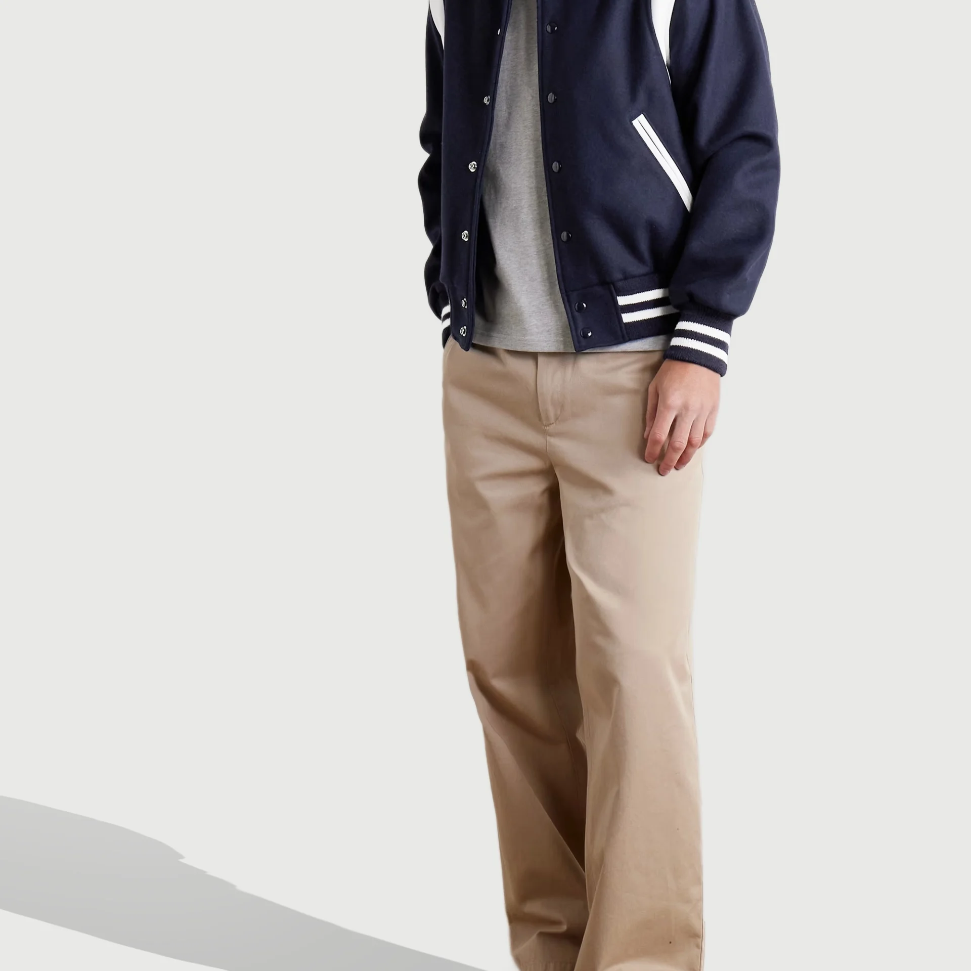 letterman style navy and white varsity bomber full