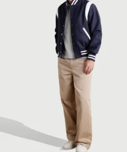 letterman style navy and white varsity bomber full