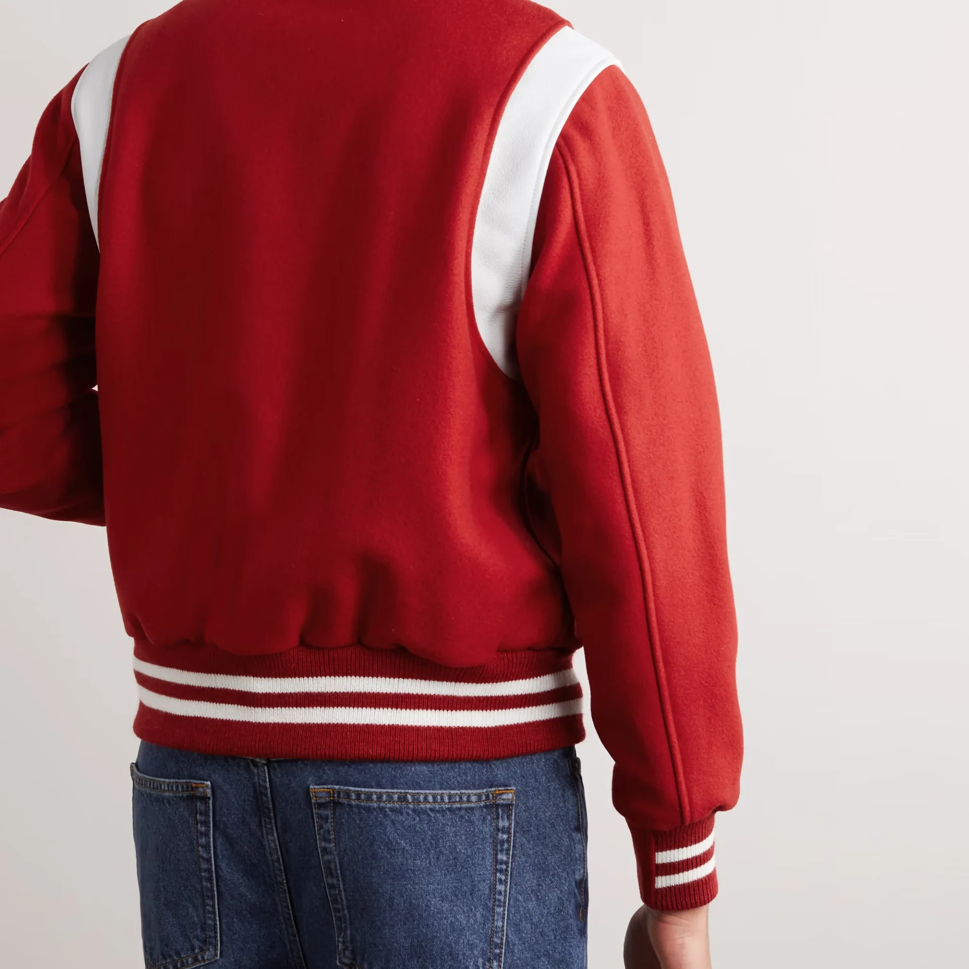 retro red and white wool leather varsity jacket back