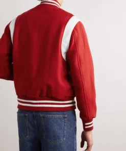 retro red and white wool leather varsity jacket back