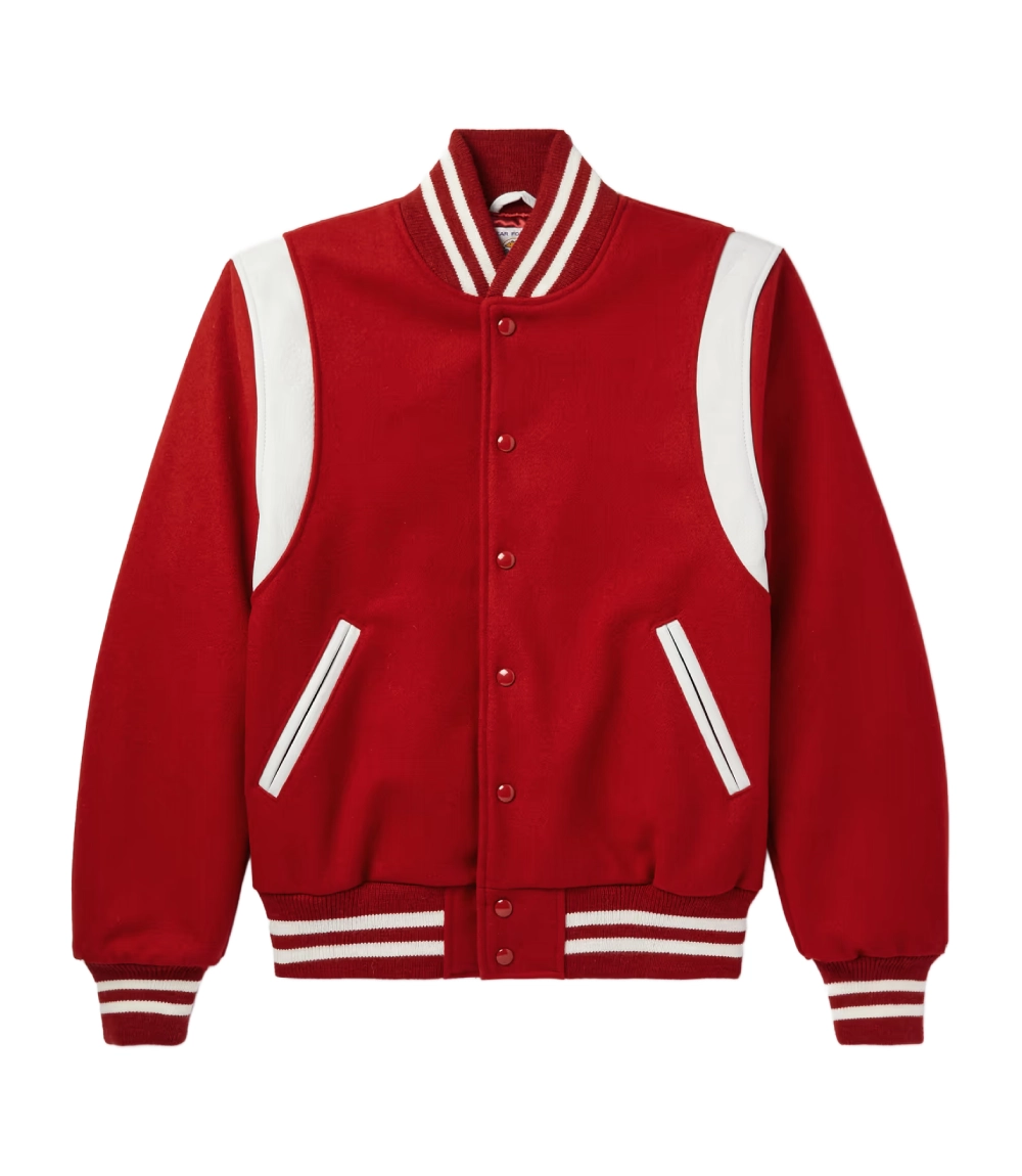 retro red and white wool leather varsity jacket front