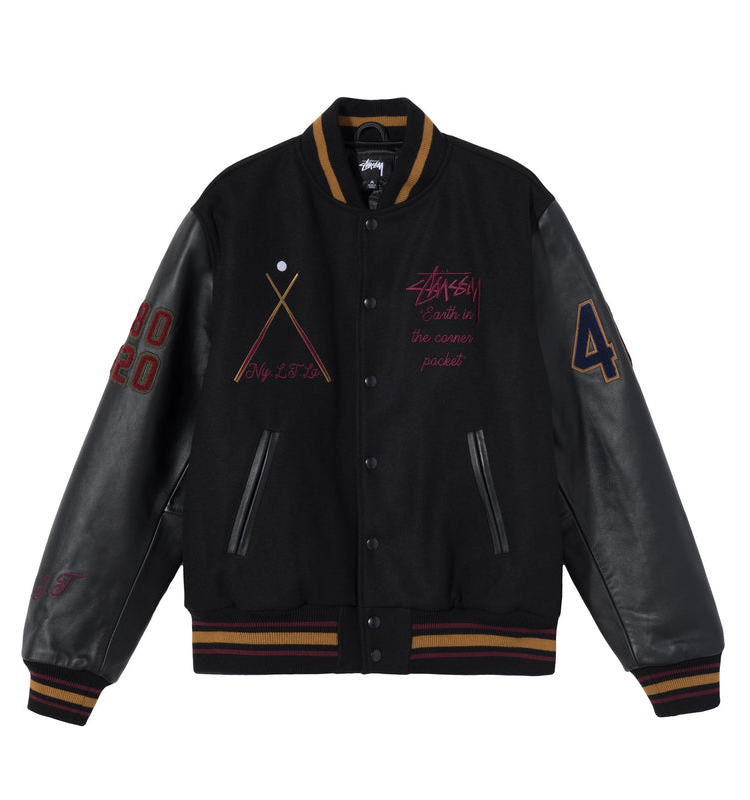 stussy 40th anniversary ist 8 ball varsity jacket front side