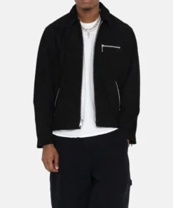 stussy 8 ball suede black jacket model front view
