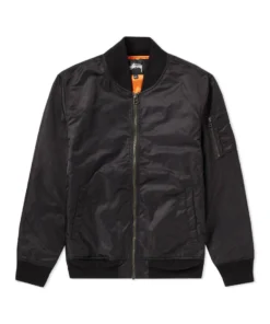 stussy black flight bomber iconic satin jacket front