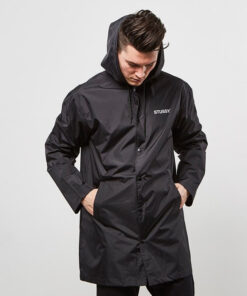 stussy black hooded long coach jacket