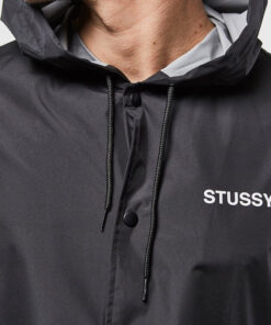 stussy black hooded long coach jacket (5)