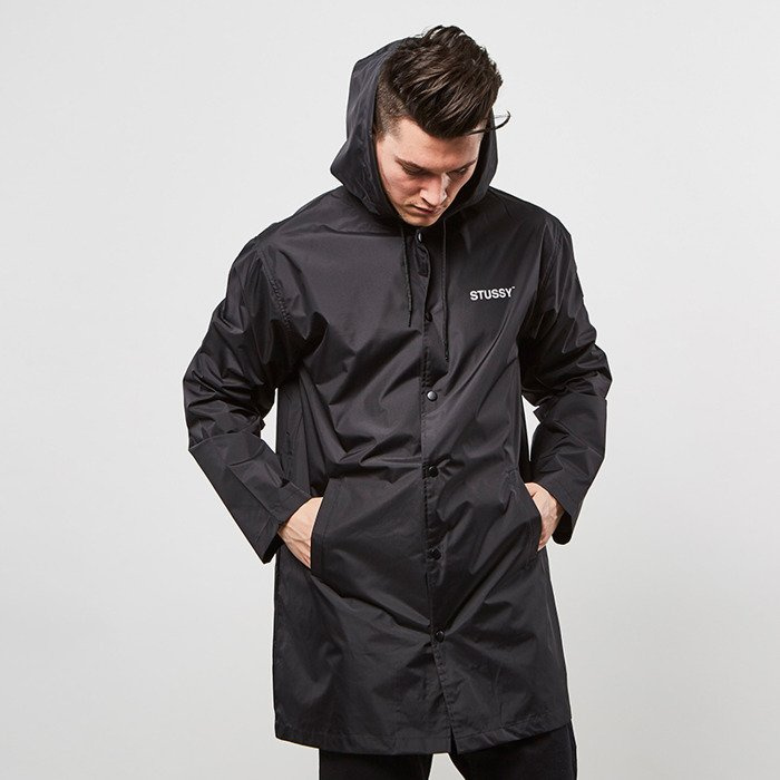 stussy black hooded long coach jacket