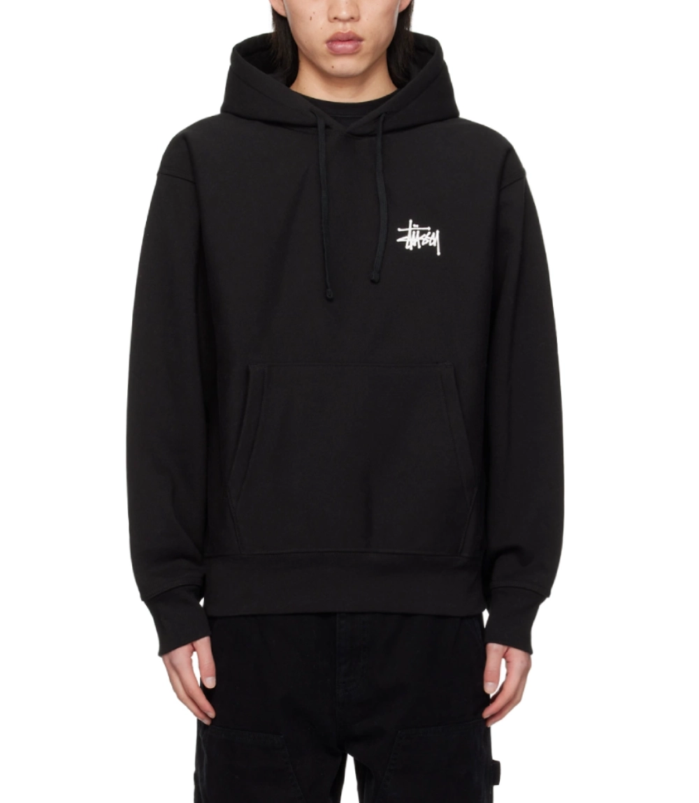 stussy black oversized basic dual stussy logo hoodie