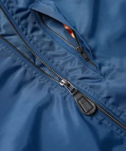 stussy blue flight satin bomber jacket close up