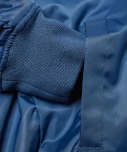 stussy blue flight satin bomber jacket close up sleeve